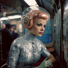 a mannequin wearing a silver dress and hat with buttons on it's head