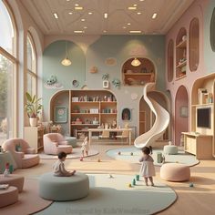 a child's playroom with toys and furniture in pastel colors on the walls