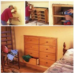 there are four pictures showing how to put drawers in a dresser and the same man is working on it