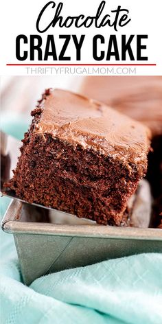 chocolate crazy cake on a plate with the title above it