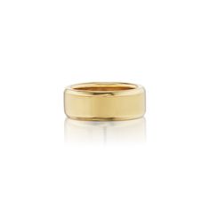 an 18k yellow gold wedding ring with a flat surface, set on a white background