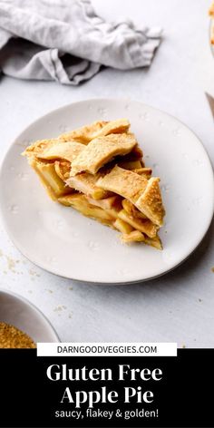 a white plate topped with a slice of apple pie next to two bowls filled with apples