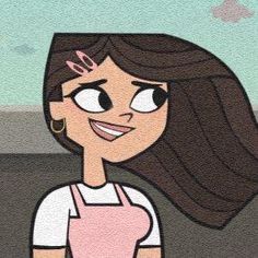 a cartoon girl with long brown hair wearing an apron and smiling at someone in the distance