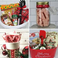 four different christmas gift baskets in various styles and sizes, including candy canes, peppermint sticks, cookies, candies, crackers, etc