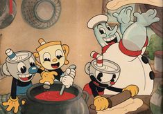 cartoon characters cooking in a kitchen with pots and pans