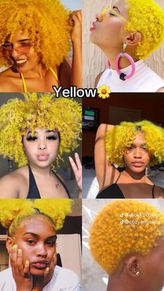 🤪 Yellow Hair Black Women, Yellow Hairstyle, Yellow Hair Color Ideas, Oil Spill Hair, Hair Collage, Yellow Hair Color, Blonde Curly Hair, Curly Hair Extensions