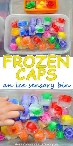 two plastic bins filled with different colored gummy bears and the words frozen caps are in