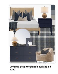 a bedroom is shown with blue and gray decor, including a bed, dresser, mirror, chair, lamp, and throw pillows