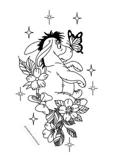 winnie the pooh with flowers and butterflies on it's back, in black and white