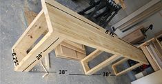 a wooden bench being built in a workshop