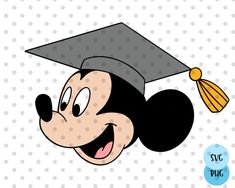 a mickey mouse wearing a graduation cap with the word svg on it's side