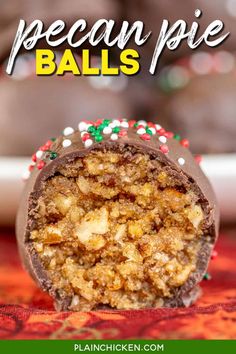 a close up of a piece of cake on a plate with the words pecan pie balls above it