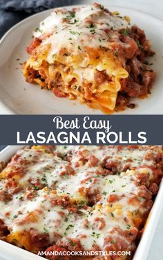 lasagna rolls with cheese and meat in a casserole dish on a white plate