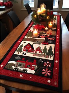 a christmas table runner with candles on it