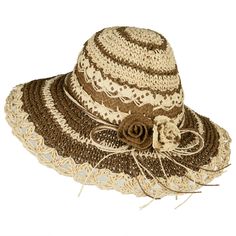 Toyo Braid Zig Zag Striped HatMade of 100% paper straw.ONE SIZE fits most ladies, fitting up to 7 1/4.Fitted with an inner hatband.Adult/Women.Crown measures 3.5 inches deep.Brim measures 3.5 inches wide.Hand wash only.Imported. Paper straw designed sun hat for ladies.Round top crown.Toyo braid hat.Stripe and zig zag design.Self tie accented with 2 flowers is featured around the crown.Edge of brim is scallop designed.Brim is slightly downturned.Easily packable.Our straw sun hat is perfect for pi Brown Paper Straw Hat With Short Brim, Summer Beach Mini Hats, Brown Straw Sun Hat For Kentucky Derby, Brown Brimmed Paper Straw Hat, Kentucky Derby Brown Straw Sun Hat, Flat Brim Paper Straw Hat, Brown Paper Straw Sun Hat With Short Brim, Brown Wide Brim Straw Hat, Brimmed Straw Hat With Woven Details