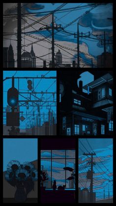 an animated scene with multiple images of power lines in the sky and buildings at night