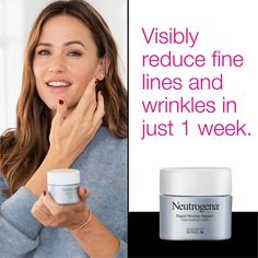 Neutrogena Rapid Wrinkle Repair Retinol Regenerating Cream delivers our uniquely stabilized retinol deep within skin s surface to quickly fight the signs of aging & regenerate the look of skin. The deep moisturizing face cream helps improve the look of fine lines dullness wrinkles & dark spots. Contains retinol a dermatologist-proven form of vitamin A & powerful ingredient that fights fine lines dullness wrinkles & dark spots & hyaluronic acid which adds plumping moisture to help hydrate & rejuvenate the look of skin. Cheek Wrinkles, Neutrogena Rapid Wrinkle Repair, Best Retinol Cream, Retinol Moisturizer, Wrinkle Repair, Aging Face, Retinol Cream, Anti Aging Face Cream, Moisturizing Face Cream