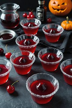 A photo of a  Keto Vampire Blood Jello Shots which is a type of Keto Halloween Desserts Vampire Food, Jello Shot Cups