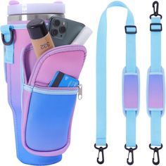 two cell phones in a blue and pink case with straps attached to it, one has a phone holder on the other side