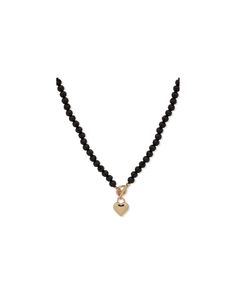 Anne Klein Gold Tone Heart Pendant Necklace With Jet Beads Elegant Heart Pendant Necklace With Beaded Chain, Elegant Beaded Necklaces With Heart Charm, Elegant Black Necklace With Heart Charm, Elegant Beaded Necklace With Heart Charm, Black Heart Beaded Necklace, Elegant Black Heart Pendant Charm Necklace, Black Heart Beads Necklace, Elegant Black Heart Charm Necklace, Elegant Heart-shaped Black Beads Jewelry