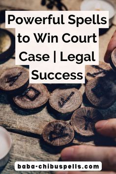 two hands holding wood slices with the words powerful spells to win court case i legal success