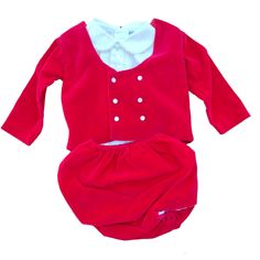 "Details : Short sleeve white Peter Pan collared blouse buttons in back, red velvet double breasted long sleeve jacket with matching shorts Label - Tiny Tots Original Size - I would estimate this would fit a size 6-12 months (The size tag is missing) Material - feels like cotton Condition- good, blouse has a light pink spot at the back Measurements are taken with the garment laying flat, double for circumference: Blouse: Length - 9\" Width - 10\" Coat: Length - 9.5\" Width - 10\" Sleeve length - Red Long Sleeve Sets With Buttons, Classic Red Sets For Winter, Classic Red Winter Sets, Red Velvet Christmas, Khaki Trench, Christmas Suit, Khaki Trench Coat, Peter Pan Collar Blouse, Holiday Skirts