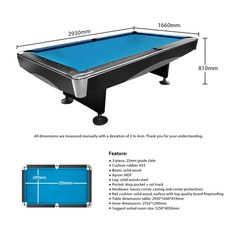 the pool table is shown with measurements