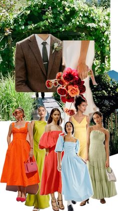 a collage of people dressed in different colored dresses and ties, with one woman holding a bouquet