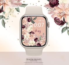 an apple watch with flowers on it and the words faith dust written in white letters