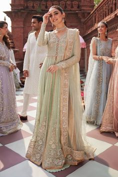 Elegant Mint Green Embroidered Pakistani Wedding Wear Pishwas Frock is a harmonious fusion of hand-embellished and embroidered work details on chiffon pishwas. Golden Lace, Pakistani Wedding Outfits, Pakistani Wedding Dress, Chiffon Collection, Pakistani Wedding Dresses, Silk Trousers, Silk Dupatta, Pakistani Wedding, Chiffon Shirt