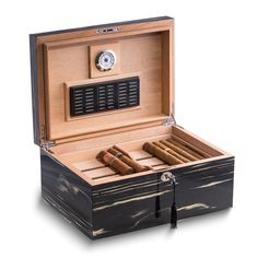 Lacquered Ebony Wood Finish 100-Cigar Humidor Removable Tray Spanish Cedar Lining Hygrometer Humidistat Best Humidor, Anniversary Ideas For Him, Wine Gift Baskets, Cigars And Whiskey, Humidor, Hygrometer, Key Lock, Ebony Wood, Perfect Gift For Him