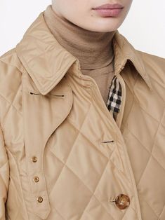 Find BURBERRY Diamond-quilted Jacket on Editorialist. beige diamond quilting classic collar front button fastening long sleeves belted cuffs two front patch pockets straight hem Vintage Check-pattern lining This item is made from at least 50% recycled or upcycled materials. For recycled synthetic clothing products, we highly recommend using a microfibre-catching washing bag to ensure that no microplastics that can pollute water are released in the process. Learn more about what makes a product Conscious on our Conscious Criteria page Quilt Jackets, Burberry Quilted Jacket, Chic Outerwear, Chic Quilts, Outer Women, Beige Jacket, Burberry Women, Emilio Pucci, Denim Pant