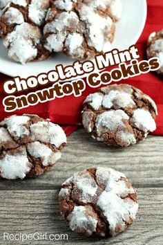 chocolate mint snowtop cookies with powdered sugar on top and in the foreground