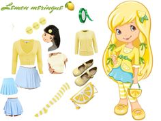 the paper doll is dressed in yellow and has clothes, shoes, and accessories for her