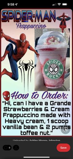 the spider - man frappence drink is being served by someone