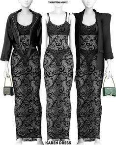 two mannequins dressed in black and white lace, one is wearing a dress with