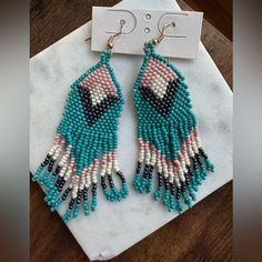 Brand New Anthropologie Earrings Bohemian Turquoise Tassel Earrings With Colorful Beads, Turquoise Beaded Fringe Tassel Earrings For Festival, Blue Bohemian Earrings With Dangling Beads, Bohemian Blue Earrings With Dangling Beads, Turquoise Beaded Tassel Earrings For Festival, Blue Bohemian Dangle Tassel Earrings, Bohemian Blue Dangle Tassel Earrings, Blue Bohemian Beaded Earrings For Pierced Ears, Blue Beaded Fringe Earrings For Festival