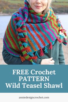 Free crochet patter of a Wild Teasel Shawl with an image of a woman wearing the asymmetric shawl in a variety of colours. Asymmetrical Crochet Shawl Free Pattern, Asymmetrical Shawl Crochet Pattern, Multicolor Crochet Yarn Shawl, Triangle Shawl Pattern, Crochet Triangle Shawl, Crochet Shawl Asymetrical, Crochet Asymetrical Triangle Shawl Pattern, Crochet Triangle Shawl Pattern, Easy Beginner Crochet Patterns