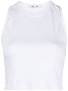 white stretch-cotton tonal stitching round neck racerback sleeveless straight hem cropped Cutout Crop Top, Sleeveless Knit Top, Top Clothing, Ribbed Tank Tops, White Crop Top, White Tank Top, Sleeveless Tank Top, Black Crop Tops, Sleeveless Tank