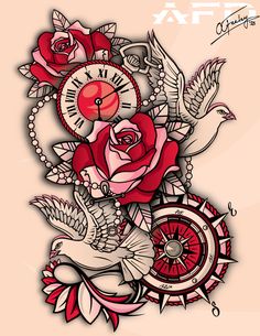 a black and white tattoo design with roses, birds and clock on it's side