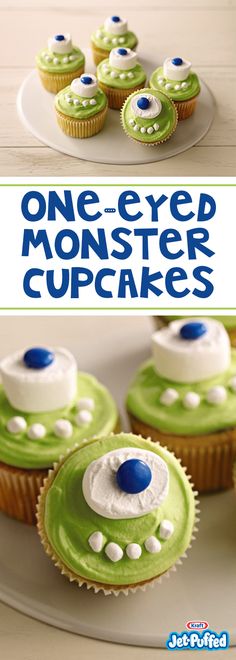 there are cupcakes with green frosting and blue eyes on the top one - eyed monster cupcakes