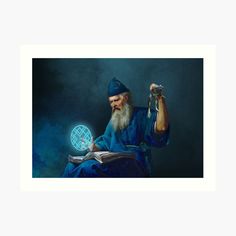 an old wizard reading a book with a globe in his hand art print on paper