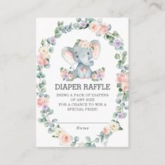 a baby elephant diaper raffle card with pink flowers and leaves on the front