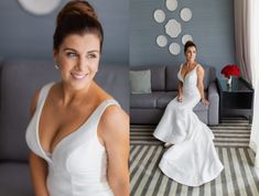 a woman in a white wedding dress posing for a photo with another woman behind her