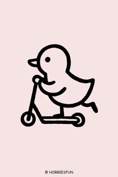 a black and white drawing of a bird riding a scooter on a pink background