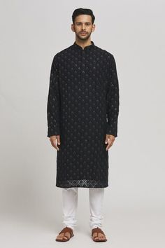 Black cotton kurta with sequins and thread embroidery. Comes with churidar. - Aza Fashions Black Chikankari Chanderi Sherwani, Black Chanderi Sherwani For Navratri, Transitional Black Kurta With Mirror Work, Black Embroidered Cotton Sherwani, Designer Black Cotton Churidar, Festive Black Cutdana Kurta, Black Cotton Churidar With Zari Work, Black Chanderi Kurta With Chikankari Embroidery, Black Chikankari Chanderi Kurta