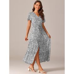 This dress will flatter any body shape, making it a timeless addition to any wardrobe. Casual v neck dress is perfect for casual, daily, vacation, beach, holiday, wedding, office, family gathering, etc. The casual floral maxi dress has a chic and understated design that makes it easy to accessorize with your favorite shoes. The casual maxi tiered dress is perfect for casual, daily, vacation, beach, holiday, wedding, office, family gatherings, etc. Flowy Midi Length V-neck Dress For Vacation, Elegant V-neck Maxi Dress For Vacation, Casual Flowy V-neck Dress For Vacation, Fitted V-neck Vacation Dress, Elegant Flowy V-neck Dress For Vacation, Elegant Flowy V-neck Dress For The Beach, Vacation Sundress With V-neck, Summer Vacation V-neck Dress With Short Sleeves, White Non-stretch Maxi Dress With V-neck