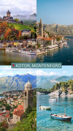 the collage shows different views of mountains, water and boats in croatia with caption that reads kotor, montenegro