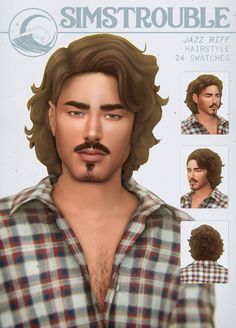 a man with long hair and a mustache is shown in an animated avatar for the game simstouble