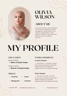 a professional resume with a headscarf on the front and back cover, is shown